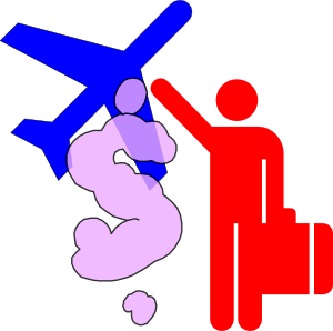 Red stick figure with suitcase waving near a blue airplane and purple dollar sign, symbolizing travel cost or budgeting.