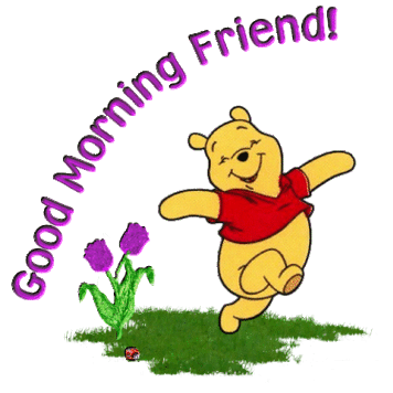 Winnie the Pooh jumping joyfully beside purple flowers with "Good Morning Friend!" text arching above.