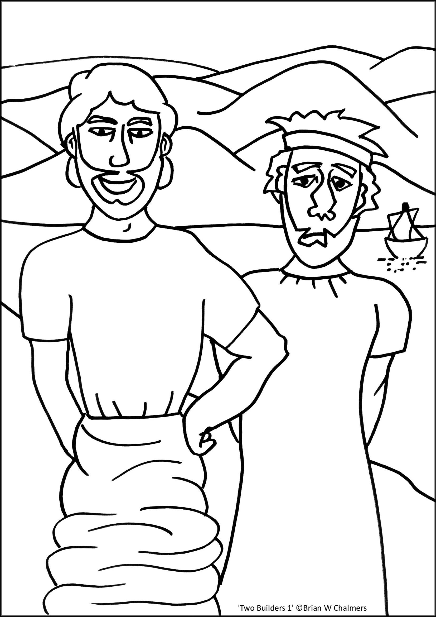 Line drawing of two men-one smiling with hands on hips, the other solemn with a headband-standing before hills and a small boat.