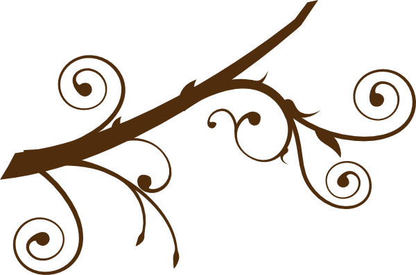 Elegant brown ornamental vine with swirling flourishes and leaf motifs on white background.
