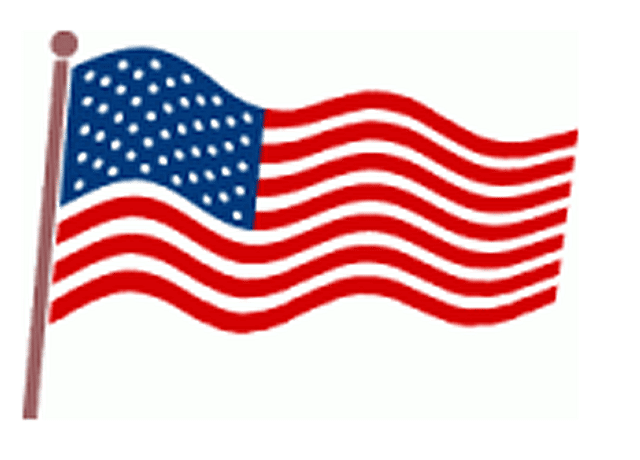 Waving American flag with 50 white stars on blue canton and 13 red-and-white stripes, illustrated on white background.