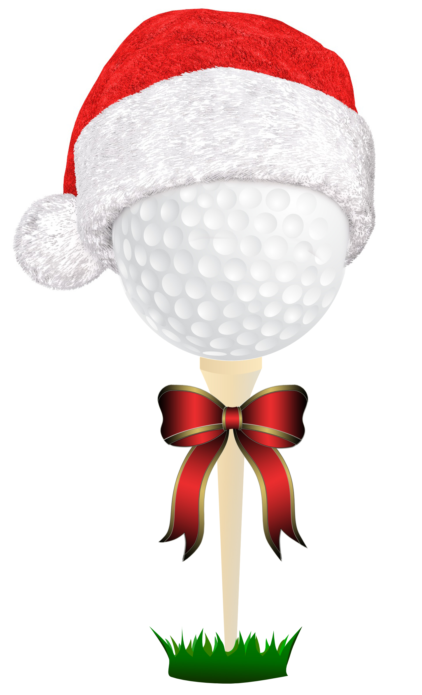 Golf ball on tee wearing Santa hat with red bow, festive holiday theme.