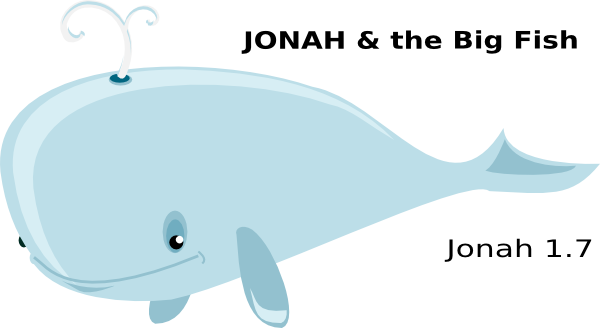 A friendly cartoon blue whale with a smiling face and spout, illustrating Jonah 1:7 from the Bible.