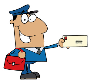 Cartoon mail carrier in blue uniform smiling, holding an envelope and red satchel.