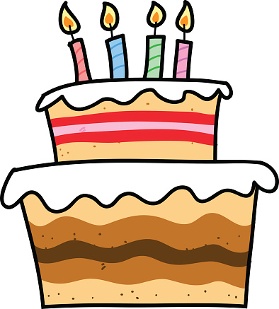 Two-tier birthday cake with white frosting and five colorful lit candles on top.