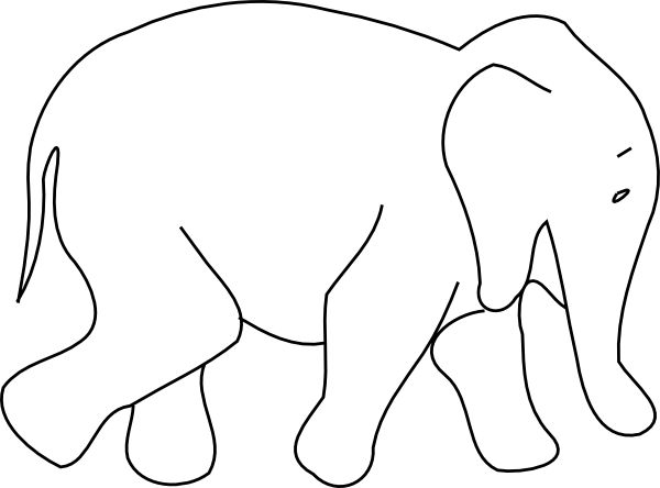Simple black-and-white line drawing of a walking elephant, suitable for coloring pages or educational materials.