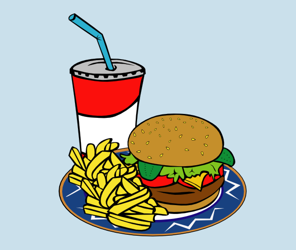 Classic fast food meal: hamburger with lettuce, tomato, cheese; golden fries; and a soda with straw on a patterned plate.