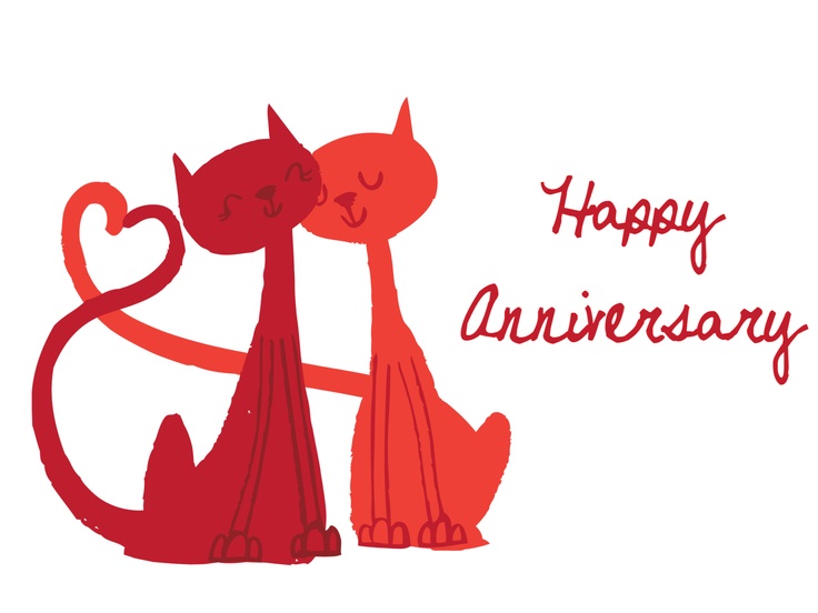 Two red cats nuzzling with intertwined tails forming a heart, beside "Happy Anniversary" in cursive script.