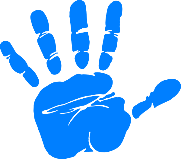 Blue handprint silhouette with five fingers spread, stylized and bold against a white background.