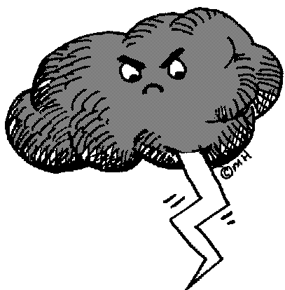 Angry cartoon storm cloud with lightning bolt and expressive eyes.