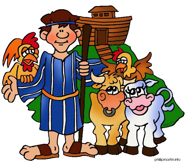 Noah with animals and the Ark in a colorful cartoon illustration.