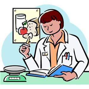 Nutritionist in lab coat reviewing food chart and weighing ingredients on scale while consulting a notebook.