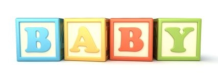 Four colorful wooden blocks spelling "BABY" in uppercase letters on a white background.