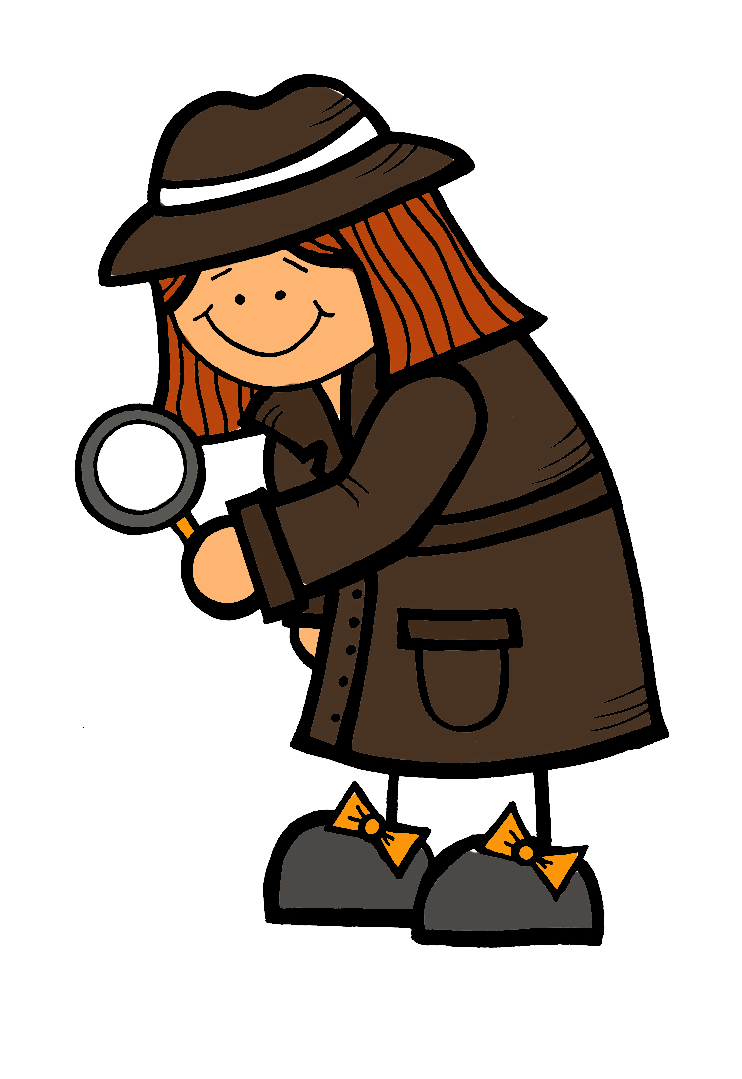 Smiling cartoon detective girl with brown hat, coat, and magnifying glass.