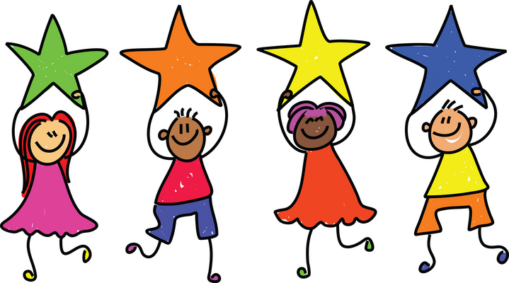 Four diverse cartoon children joyfully holding up green, orange, yellow, and blue stars.