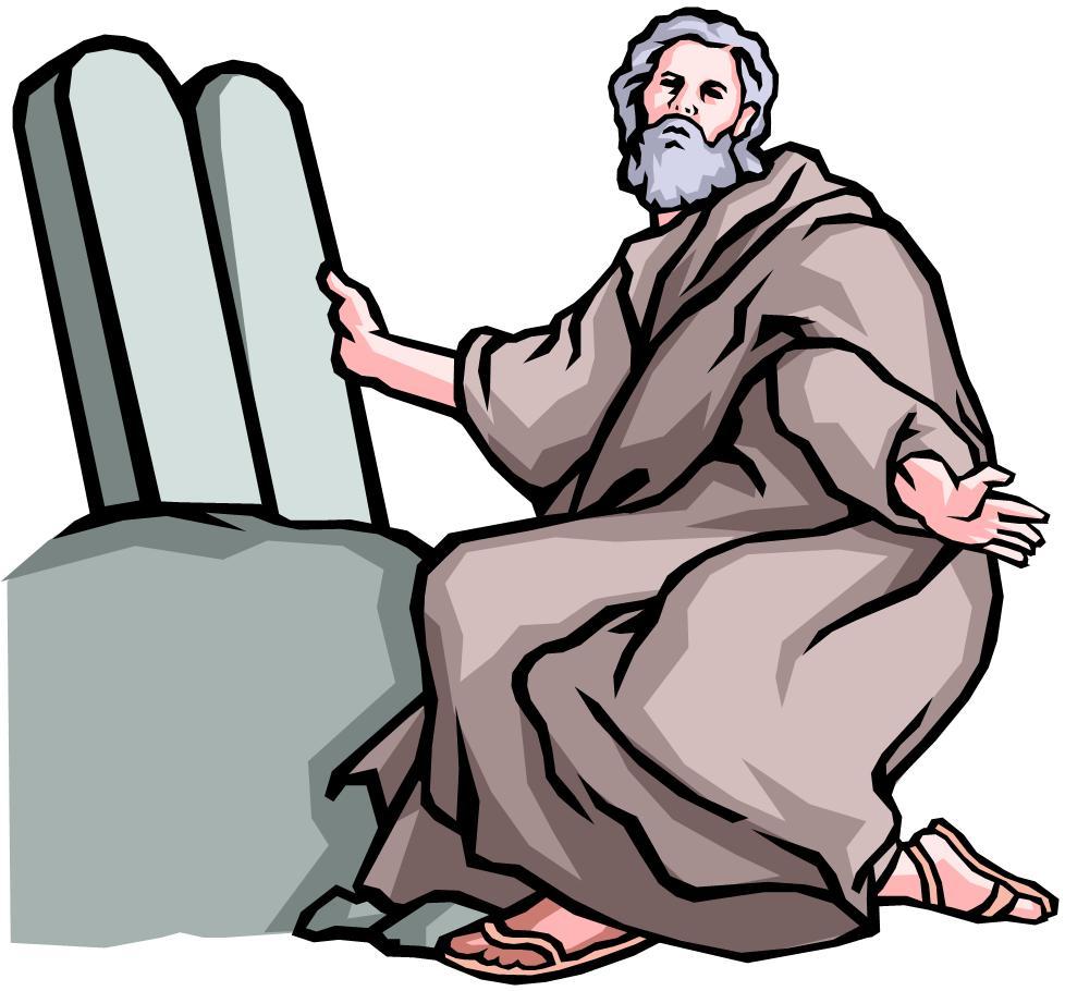 Moses kneeling beside the two stone tablets of the Ten Commandments, wearing a brown robe and sandals.