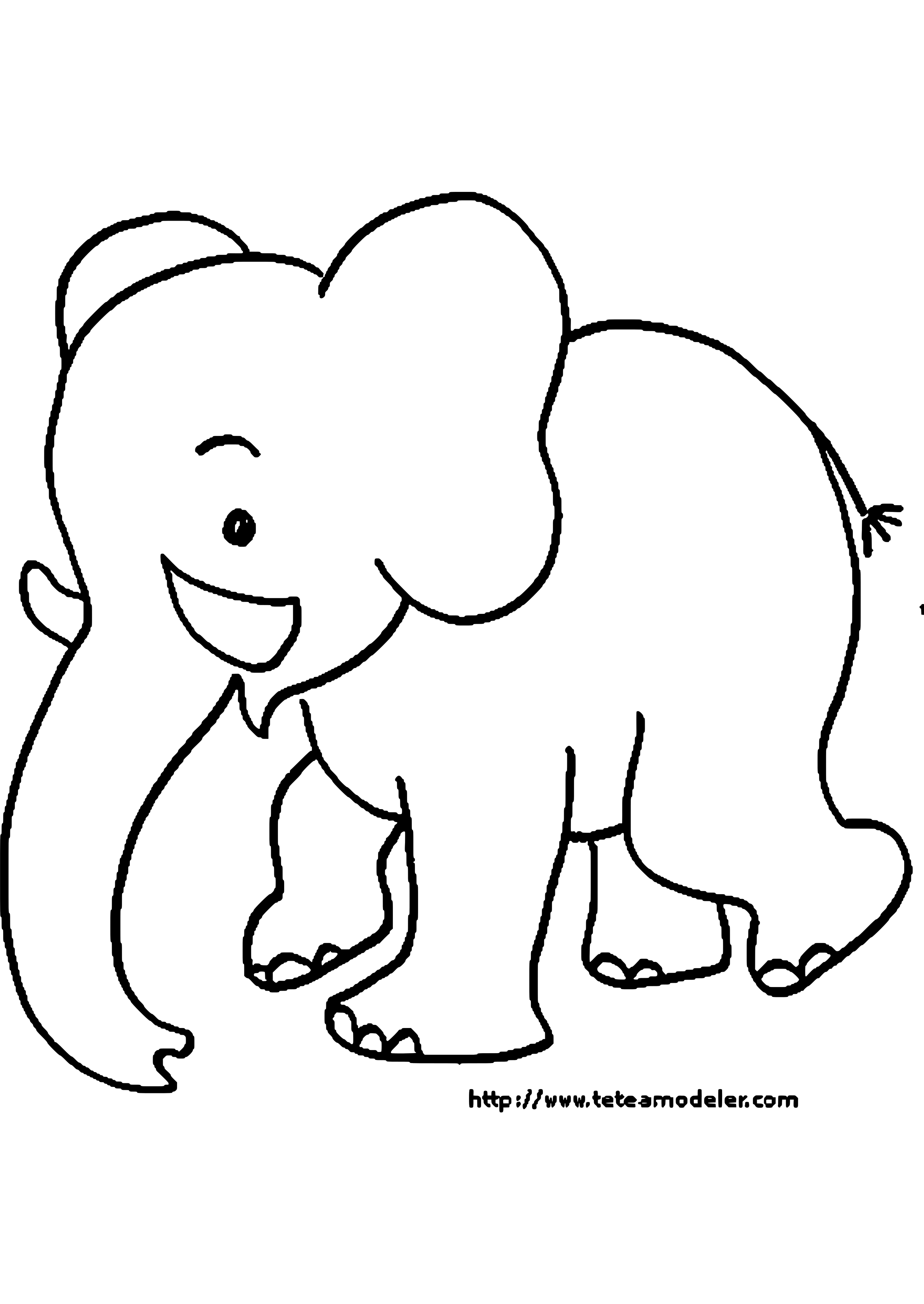 Friendly cartoon elephant coloring page for kids, smiling with large ears and trunk curled upward.