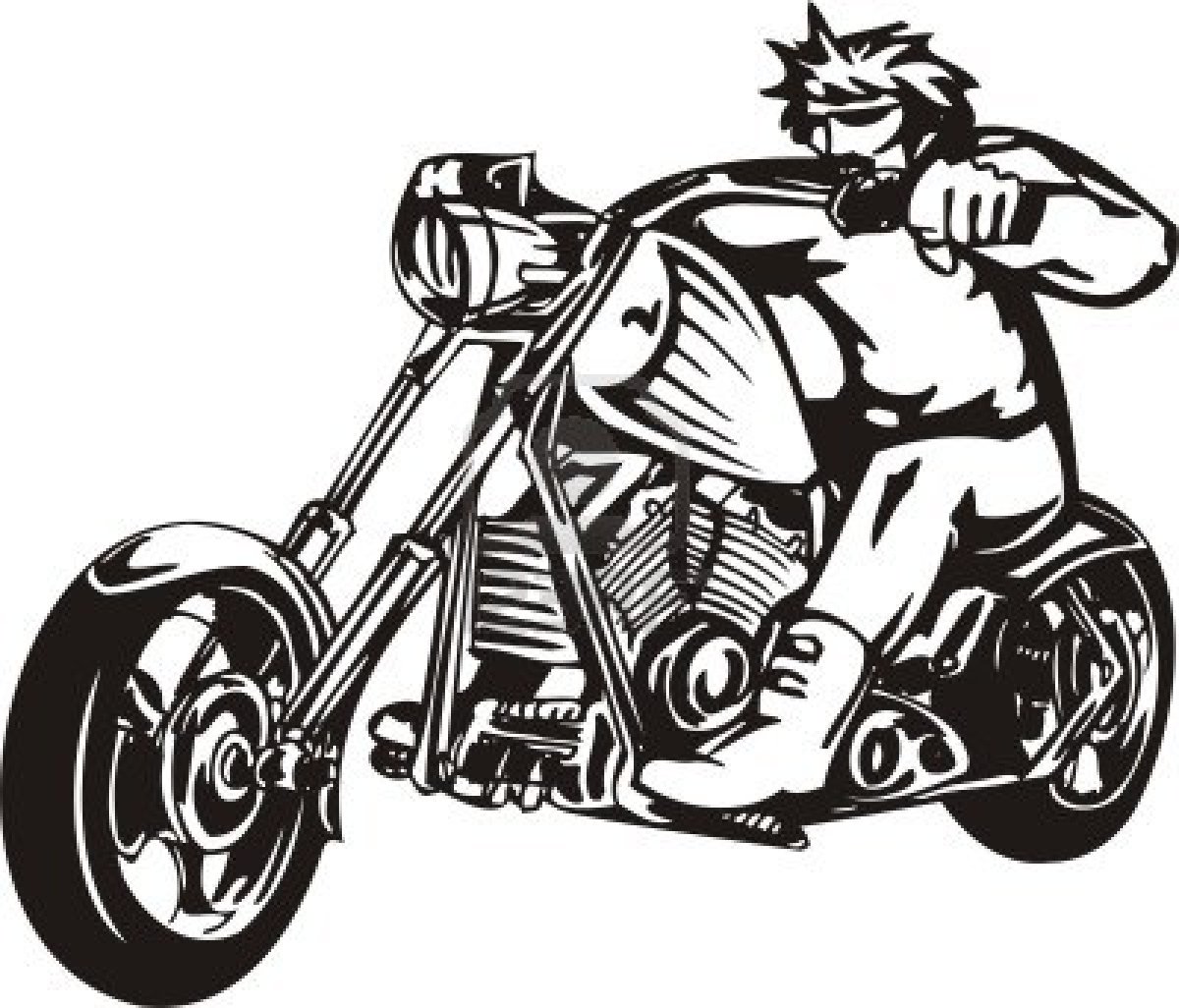Black-and-white stylized illustration of a muscular rider on a chopper motorcycle, leaning forward with spiky hair and sunglasses.
