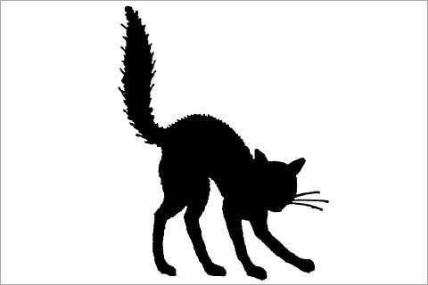 Black silhouette of a startled or defensive cat arching its back with raised tail and forward-leaning posture.