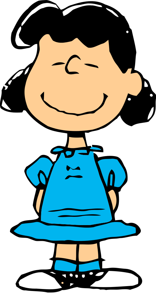 Lucy van Pelt from Peanuts smiling with arms crossed, wearing her iconic blue dress and black hair.