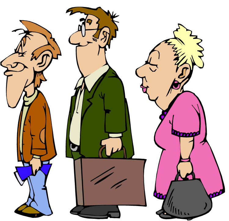 Three cartoon adults in line-man in brown jacket, man with briefcase, woman in pink dress-waiting patiently.