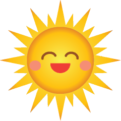 Cheerful cartoon sun with closed eyes, rosy cheeks, and a smiling mouth, radiating bright yellow rays.