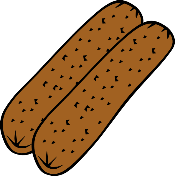 Two cartoon-style brown sausages with black speckles and tied ends on a white background.