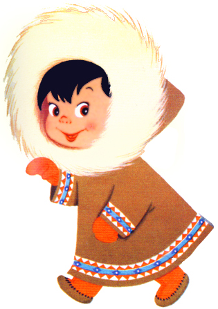 A cheerful child in traditional Arctic winter clothing with fur-trimmed hood and colorful patterns.