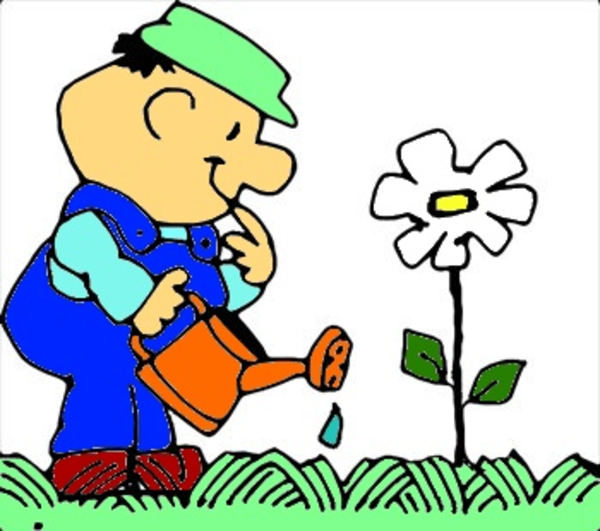 A cheerful cartoon gardener in blue overalls and green cap waters a white flower with an orange watering can.