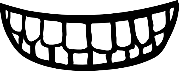 Black-and-white cartoon-style wide grin with uneven, blocky teeth on a dark background.