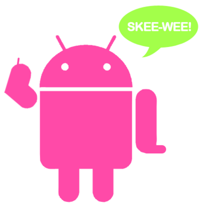 Pink Android mascot waving with a green speech bubble saying "SKEE-WEE!"