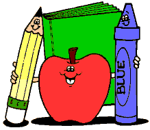 A smiling red apple with a stem and face, flanked by a yellow pencil and blue crayon, holding a green book behind it.