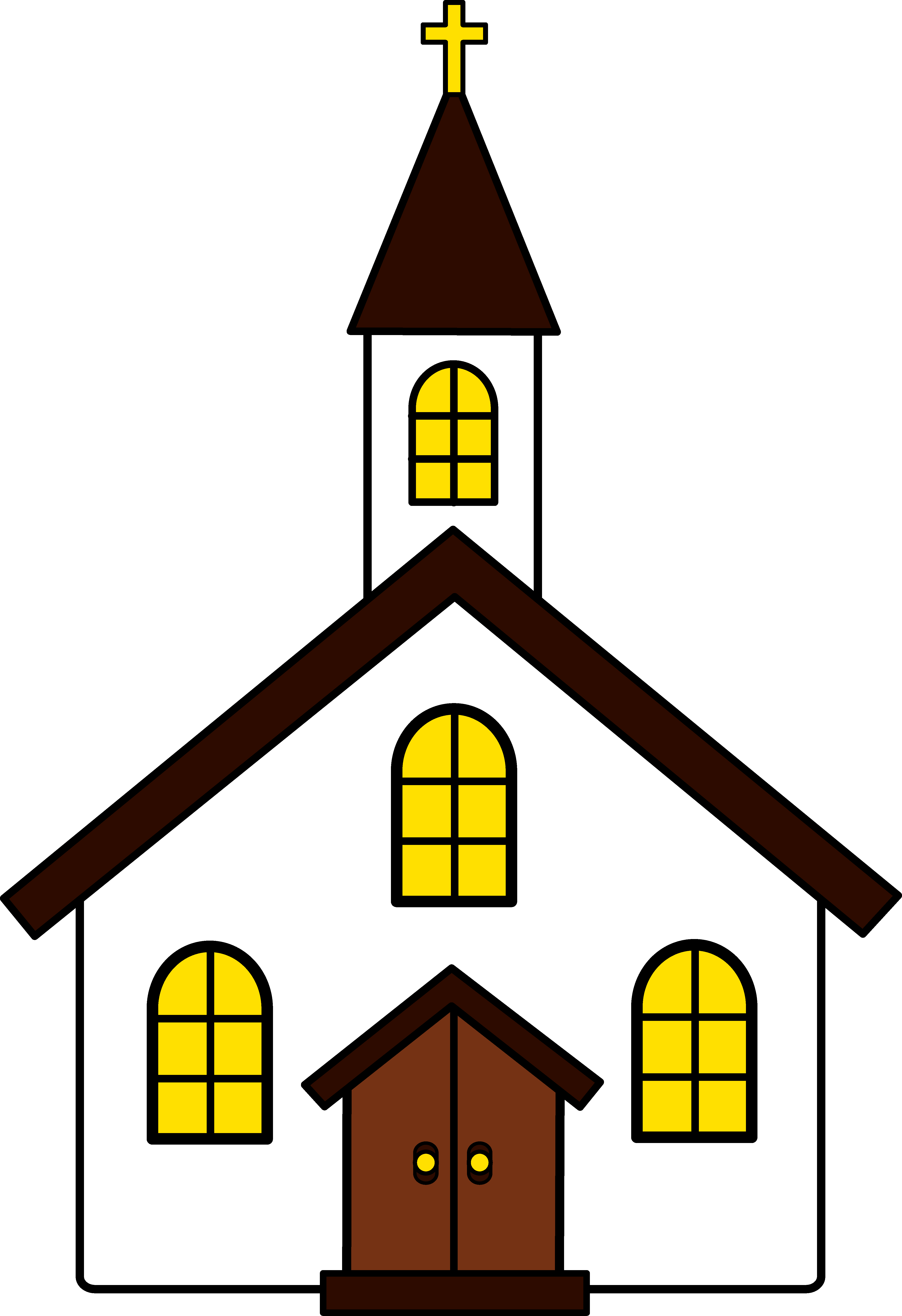 Simple cartoon-style church with brown roof, white walls, yellow windows, and a golden cross on the steeple.