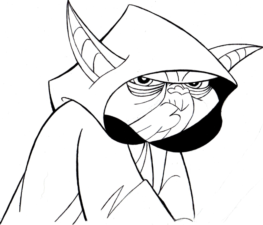 Hooded, horned cartoon character with stern expression and deep wrinkles, drawn in black-and-white line art style.