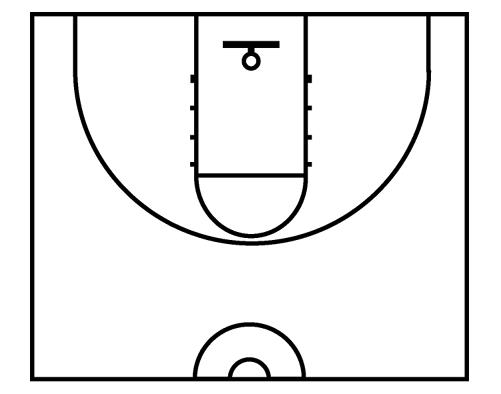 Line diagram of a standard basketball court showing key markings including three-point arc, free-throw lane, and center circle.