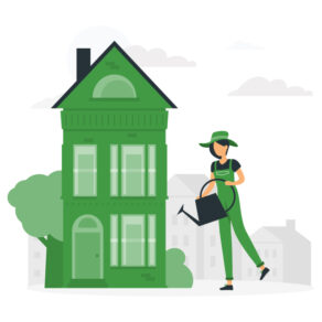 A person in green attire watering a vibrant green house with a watering can, symbolizing eco-friendly home care.