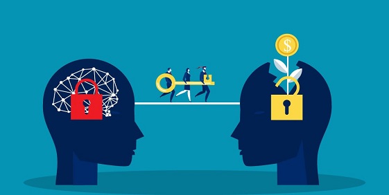 Two silhouetted heads facing each other: one with a locked brain, the other with unlocked growth and money symbols; figures carry a key between them.
