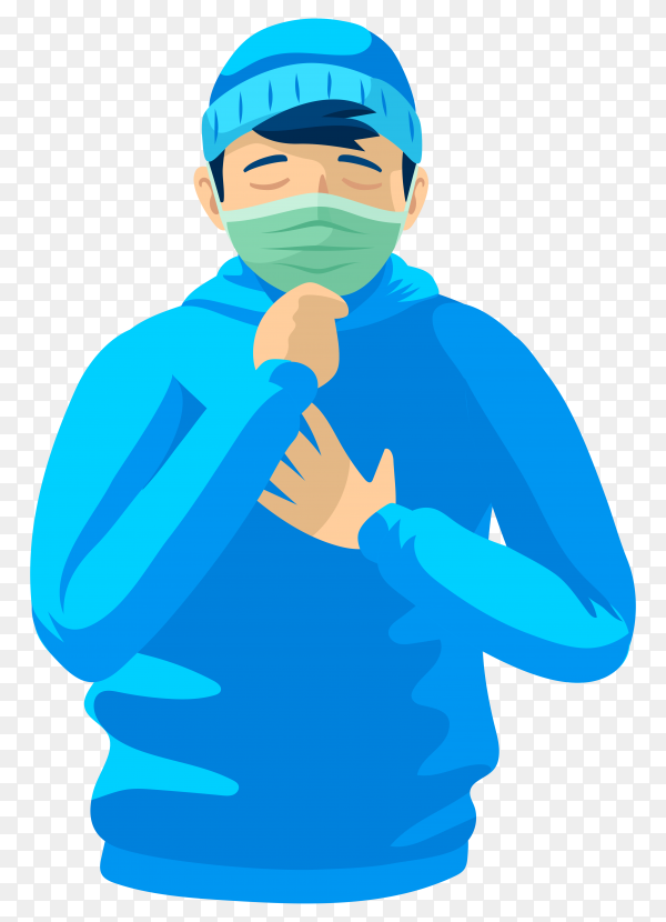 Person wearing blue hoodie, beanie, and face mask, coughing into elbow.