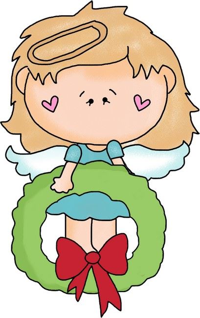 Cute cartoon angel with halo and wings holding a green Christmas wreath with red bow.