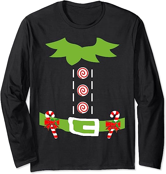 Black long-sleeve shirt with elf costume print: green hat, candy cane buttons, belt with candy canes and bow.