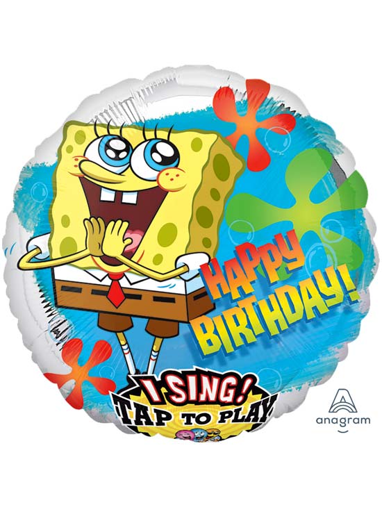 SpongeBob SquarePants birthday balloon with "Happy Birthday!" text and interactive "Tap to Play" feature.