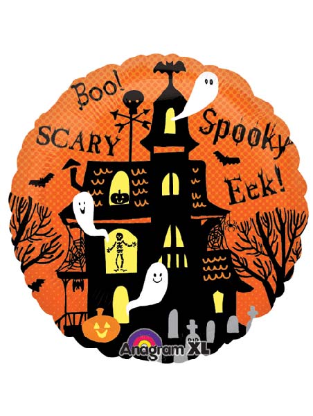 Halloween-themed foil balloon with haunted house, ghosts, bats, and "Boo! Scary Spooky Eek!" text on orange background.
