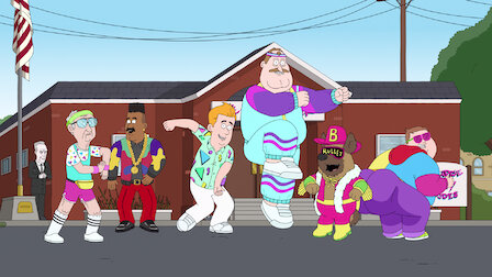 Animated characters in 1980s-style outfits dancing on a suburban street in front of a brick building.