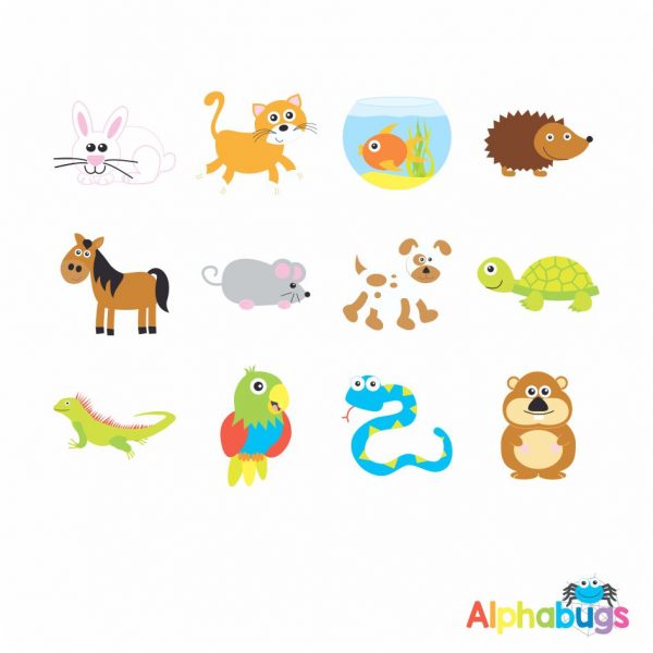 Collection of 12 colorful cartoon animals including rabbit, cat, fish, hedgehog, horse, mouse, dog, turtle, lizard, parrot, snake, and bear.