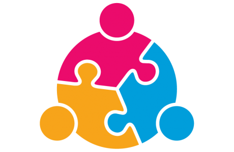 Four interlocking puzzle pieces in pink, blue, orange, and yellow forming a collaborative human-like figure.