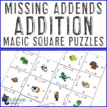 Educational addition magic square puzzles with missing addends and animal-themed tiles for elementary math practice.