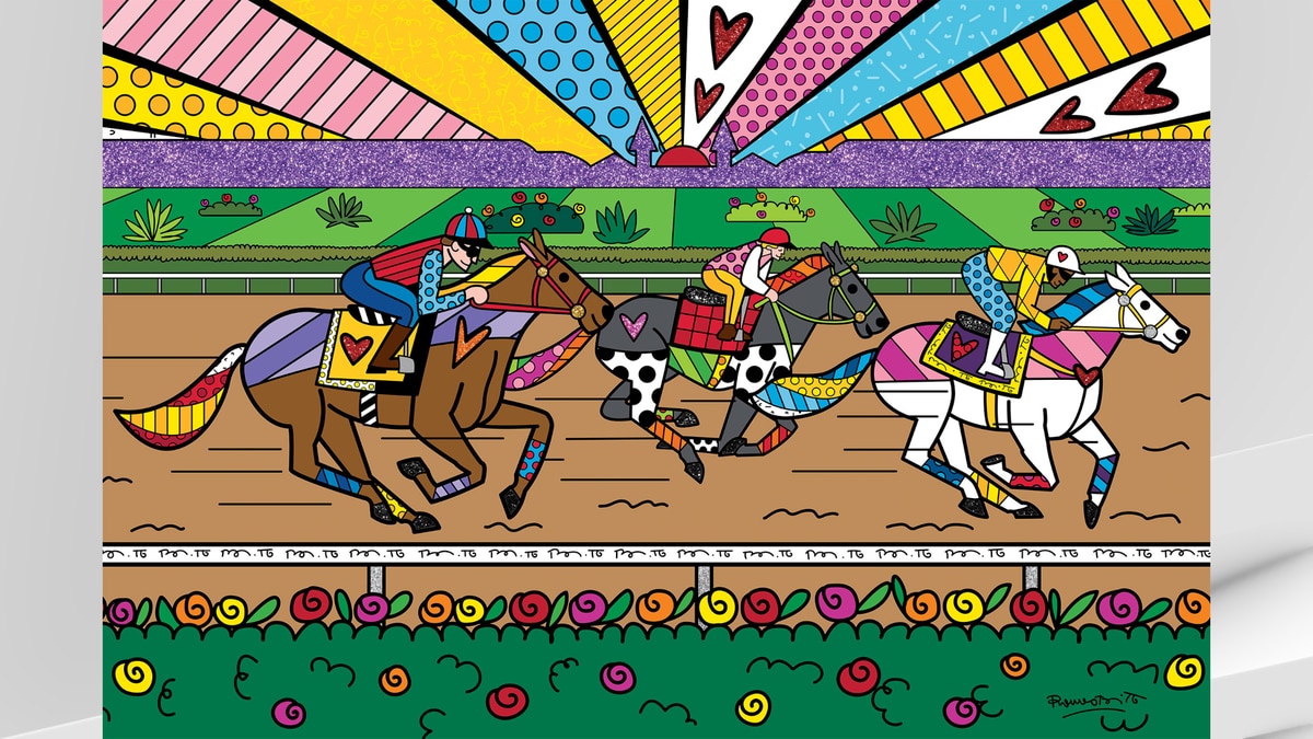 Vibrant pop-art horse race with three jockeys on patterned horses under a geometric sunburst sky.