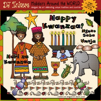 Colorful Kwanzaa celebration illustration with two children, kinara, corn, elephant, and Swahili phrases like "Habari za Kwanzaa!"