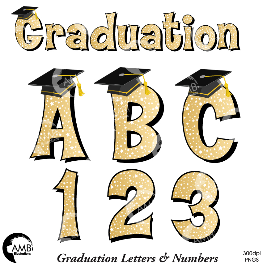 Graduation Letters & Numbers Clipart - Gold Glitter with Mortarboards