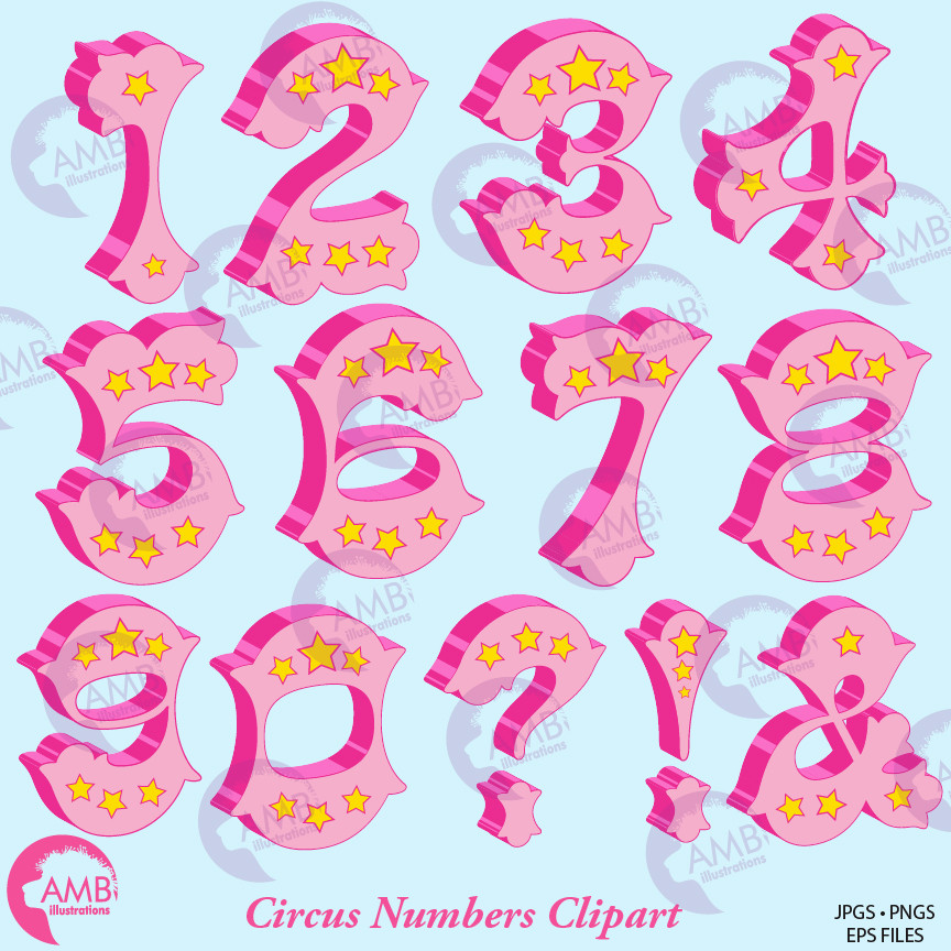 Pink circus-style numbers 0-9, question mark, exclamation point, and ampersand with yellow stars and 3D effect.